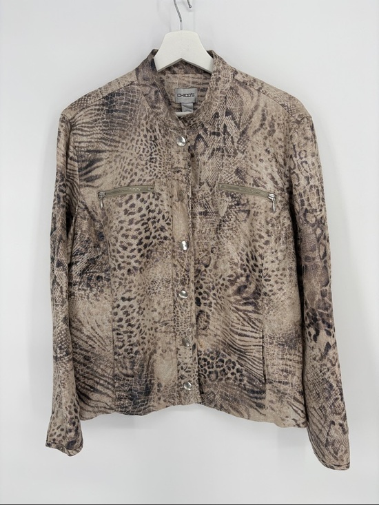 Chico's Linen Cotton Neutral Taupe Animal-Print Zip Pocket Jacket